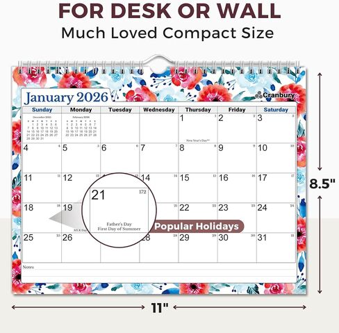 Cranbury Wall Calendar 2025-2026 8.5x11", Use Now to Dec 2026, Beautiful Floral Designs, Thick Paper, Large Daily Squares, Sturdy Spiral Binding, Use on Wall Lay or Flat as Monthly Desk Calendar in Kuwait