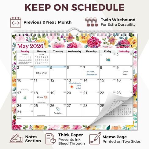 Cranbury Wall Calendar 2025-2026 8.5x11", Use Now to Dec 2026, Beautiful Floral Designs, Thick Paper, Large Daily Squares, Sturdy Spiral Binding, Use on Wall Lay or Flat as Monthly Desk Calendar in Kuwait