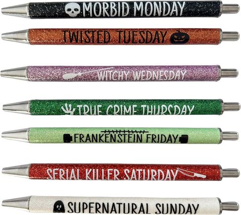 Jxueych 7Pcs Halloween Weekday Pens Glitter Pen with Funny Sayings Vibrant Passive Fancy Ballpoint Pens Cute Gifts for Colleagues Office Supplies (Halloween Pen Set) in Saudi Arabia
