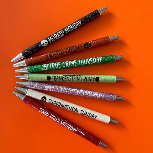 Jxueych 7Pcs Halloween Weekday Pens Glitter Pen with Funny Sayings Vibrant Passive Fancy Ballpoint Pens Cute Gifts for Colleagues Office Supplies (Halloween Pen Set) in Saudi Arabia