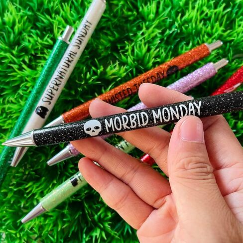 Jxueych 7Pcs Halloween Weekday Pens Glitter Pen with Funny Sayings Vibrant Passive Fancy Ballpoint Pens Cute Gifts for Colleagues Office Supplies (Halloween Pen Set) in Saudi Arabia