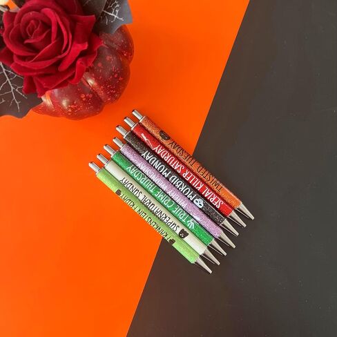 Jxueych 7Pcs Halloween Weekday Pens Glitter Pen with Funny Sayings Vibrant Passive Fancy Ballpoint Pens Cute Gifts for Colleagues Office Supplies (Halloween Pen Set) in Saudi Arabia