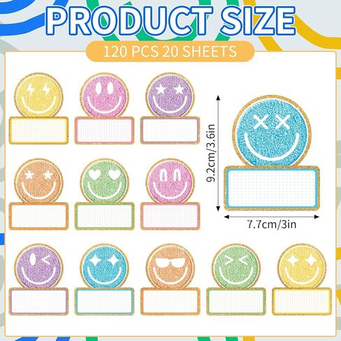 120Pcs Back to School Name Tag Stickers Smile Face Sticker Pastel Embroidered Style Happy Face Label Decals for Students Classroom Bulletin Board Desk Wall Message Board in Saudi Arabia