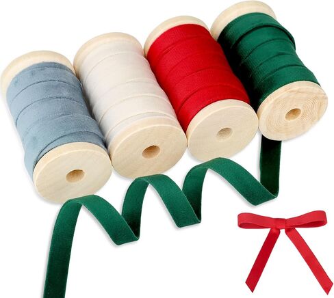 Velvet Ribbon Set - 3/8" x 20Yd, 4 Rolls Double Faced on Wooden Spool for Gift Wrapping, Christmas Decoration, Wreaths, Bows Making (Dusty Green-Brown-Khaki-Nude) Febwind in Kuwait