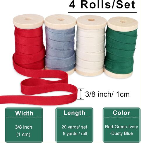 Velvet Ribbon Set - 3/8" x 20Yd, 4 Rolls Double Faced on Wooden Spool for Gift Wrapping, Christmas Decoration, Wreaths, Bows Making (Dusty Green-Brown-Khaki-Nude) Febwind in Kuwait