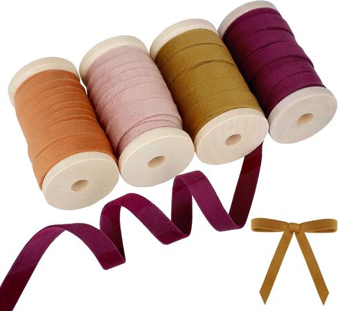 Velvet Ribbon Set - 3/8" x 20Yd, 4 Rolls Double Faced on Wooden Spool for Gift Wrapping, Christmas Decoration, Wreaths, Bows Making (Dusty Green-Brown-Khaki-Nude) Febwind in Kuwait