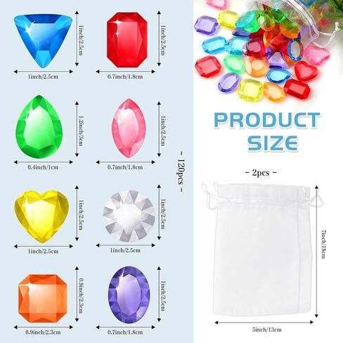 Diving Gems Pool Toys, 120 PCS Small Diamond Gems Pool Toys for Kids Ages 4-8, Colorful Crystal Swimming Gemstones Pools Diving Toy with 2 PCS Organza Bag for Vase Filler Beach Toy Summer Party Favors in Kuwait