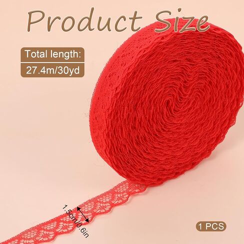 30 Yards Red Lace Ribbon Roll 0.6 Inch Wide Sewing Lace Ribbon Flower Fabric Sewing Crafts Trim for Wedding Decoration, Bouquet, and Gift Packaging in Saudi Arabia