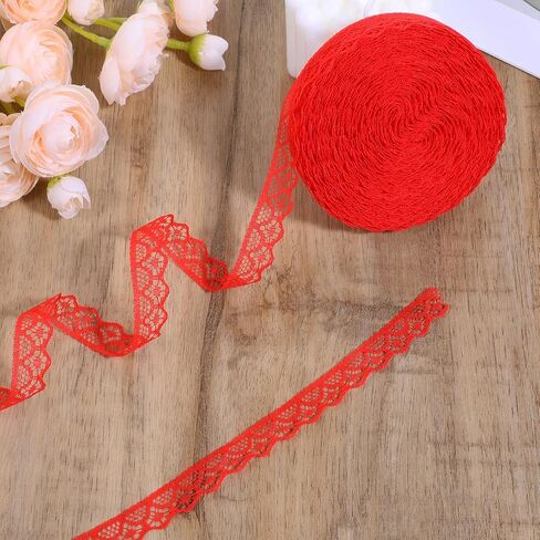 30 Yards Red Lace Ribbon Roll 0.6 Inch Wide Sewing Lace Ribbon Flower Fabric Sewing Crafts Trim for Wedding Decoration, Bouquet, and Gift Packaging in Saudi Arabia
