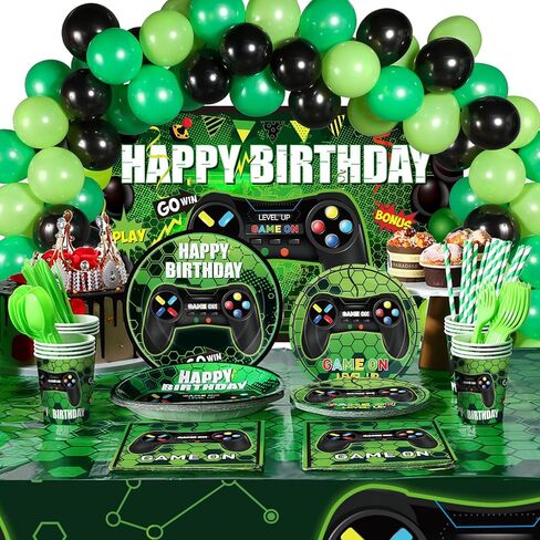 Tatuo 152 Pieces Video Game Birthday Party Supplies Gamer Party Table Cover Happy Birthday Backdrop Banner Tableware Balloons Sets for Boys Men Theme Party Decoration in Saudi Arabia