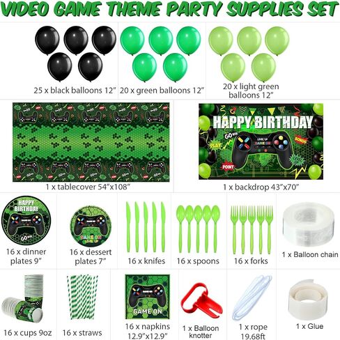 Tatuo 152 Pieces Video Game Birthday Party Supplies Gamer Party Table Cover Happy Birthday Backdrop Banner Tableware Balloons Sets for Boys Men Theme Party Decoration in Saudi Arabia
