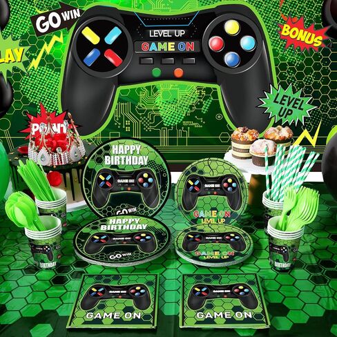 Tatuo 152 Pieces Video Game Birthday Party Supplies Gamer Party Table Cover Happy Birthday Backdrop Banner Tableware Balloons Sets for Boys Men Theme Party Decoration in Saudi Arabia