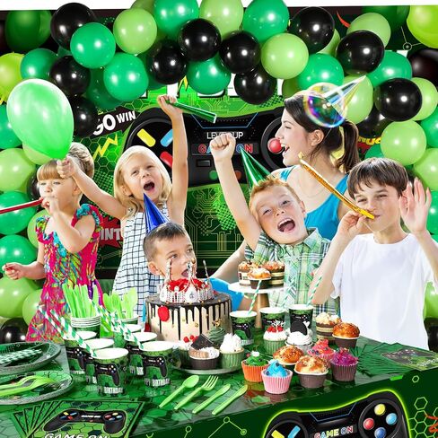 Tatuo 152 Pieces Video Game Birthday Party Supplies Gamer Party Table Cover Happy Birthday Backdrop Banner Tableware Balloons Sets for Boys Men Theme Party Decoration in Saudi Arabia