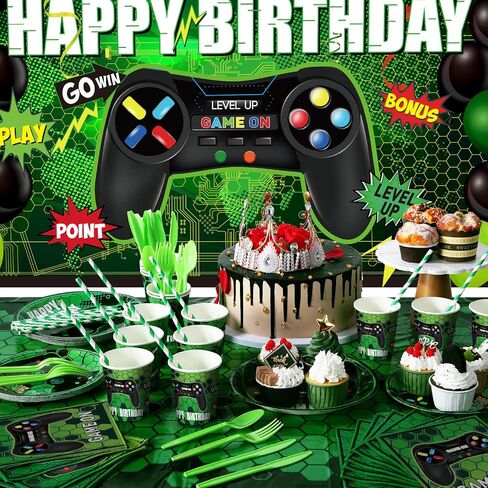 Tatuo 152 Pieces Video Game Birthday Party Supplies Gamer Party Table Cover Happy Birthday Backdrop Banner Tableware Balloons Sets for Boys Men Theme Party Decoration in Saudi Arabia