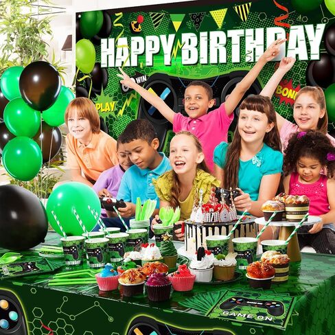 Tatuo 152 Pieces Video Game Birthday Party Supplies Gamer Party Table Cover Happy Birthday Backdrop Banner Tableware Balloons Sets for Boys Men Theme Party Decoration in Saudi Arabia