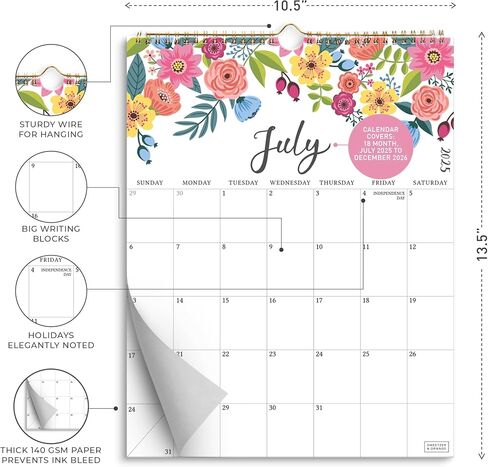 S&O Vertical Floral Wall Calendar from July 2025-Dec 2026 - Tear-Off Monthly Calendar - 18 Month Academic Wall Planner - Hanging Organizer to Track Anniversaries & Appointments - 13.5"x10.5"in in Saudi Arabia