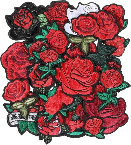28 Pcs Rose Iron on Patches Flower Embroidery Patches Beautiful Embroidered Applique Sewing Patch for Hats Clothing T-Shirt Backpacks Jeans Jackets Decorations in Saudi Arabia