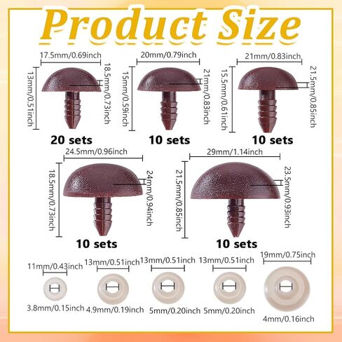 AHANDMAKER 60 PCS 5 Styles Craft Safety Noses, Brown Craft Nose with Spacer 13mm 15mm 15.5mm 18.5mm 21.5mm for Amigurumi Crochet Bears Puppet Stuffed Animals Doll Making in Saudi Arabia