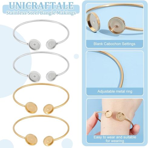 UNICRAFTALE 4Pcs 2 Colors Cabochon Cuff Bangle Setting 6.1cm Stainless Steel Bangle Makings with 2 Sizes 4Pcs Glass Cabochons Golden Open Blanks Bangle Bracelet Making 12mm & 10mm Tray in Saudi Arabia