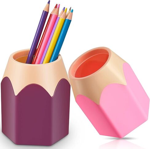 2 Pieces Pencil Shaped Pen Holders Pencil Storage Organizer Cute Desktop Pen Cup for Back to School Makeup Brush Container Cartoon Stationery Rack for Teacher Classroom Home Office(Pink, Purple) in Saudi Arabia