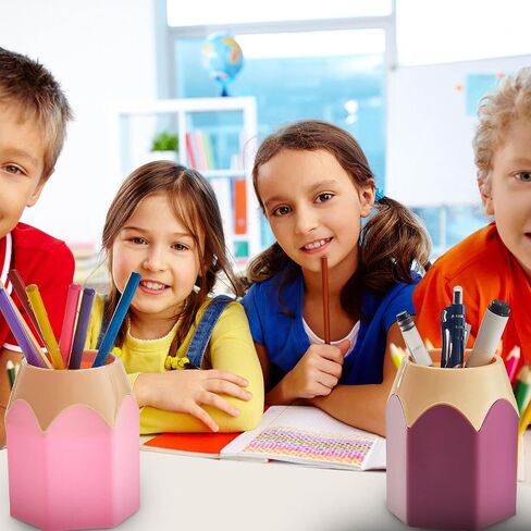 2 Pieces Pencil Shaped Pen Holders Pencil Storage Organizer Cute Desktop Pen Cup for Back to School Makeup Brush Container Cartoon Stationery Rack for Teacher Classroom Home Office(Pink, Purple) in Saudi Arabia