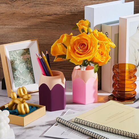 2 Pieces Pencil Shaped Pen Holders Pencil Storage Organizer Cute Desktop Pen Cup for Back to School Makeup Brush Container Cartoon Stationery Rack for Teacher Classroom Home Office(Pink, Purple) in Saudi Arabia