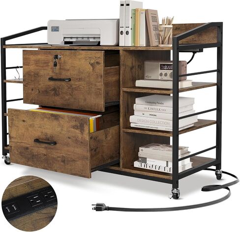 ELECWISH Lateral File Cabinet with 2 Drawer, 44" Rolling Wood File Cabinet with Lock for Letter/A4 File, 6 Storage Shelves with Power Strip, Rustic Brown in Saudi Arabia