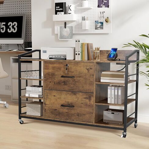 ELECWISH Lateral File Cabinet with 2 Drawer, 44" Rolling Wood File Cabinet with Lock for Letter/A4 File, 6 Storage Shelves with Power Strip, Rustic Brown in Saudi Arabia
