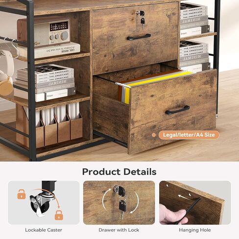 ELECWISH Lateral File Cabinet with 2 Drawer, 44" Rolling Wood File Cabinet with Lock for Letter/A4 File, 6 Storage Shelves with Power Strip, Rustic Brown in Saudi Arabia