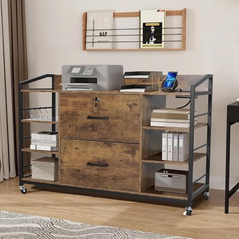 ELECWISH Lateral File Cabinet with 2 Drawer, 44" Rolling Wood File Cabinet with Lock for Letter/A4 File, 6 Storage Shelves with Power Strip, Rustic Brown in Saudi Arabia