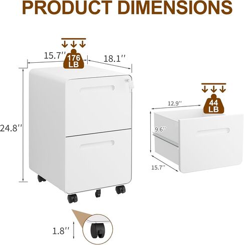 3 Drawers Slim File Cabinet, Mobile Filing Cabinet with Lock, Steel, Fully Assembled Except Casters, for Home Office, for A4, Letter, Legal File Folders, White in Saudi Arabia