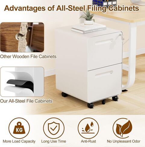 3 Drawers Slim File Cabinet, Mobile Filing Cabinet with Lock, Steel, Fully Assembled Except Casters, for Home Office, for A4, Letter, Legal File Folders, White in Saudi Arabia
