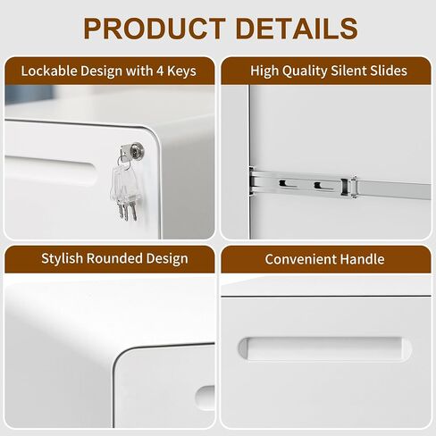 3 Drawers Slim File Cabinet, Mobile Filing Cabinet with Lock, Steel, Fully Assembled Except Casters, for Home Office, for A4, Letter, Legal File Folders, White in Saudi Arabia