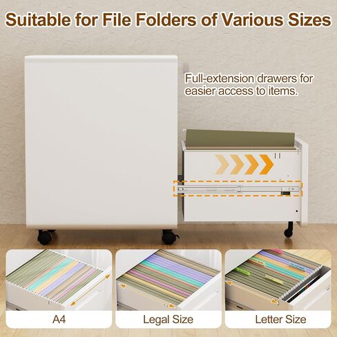 3 Drawers Slim File Cabinet, Mobile Filing Cabinet with Lock, Steel, Fully Assembled Except Casters, for Home Office, for A4, Letter, Legal File Folders, White in Saudi Arabia