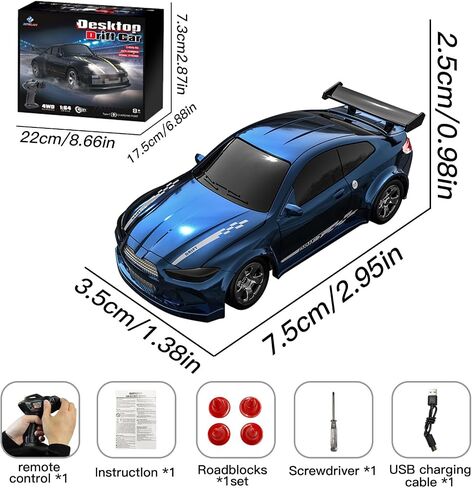 Desktop Drift Car, 1/64 Scale Mini RC Drift Car with LED Lights, Remote Control Vehicle with Electronic Locator, 4WD Mini RC Drift Cars for Race, Children's Gifts and Toys (KF20 Black) in Saudi Arabia