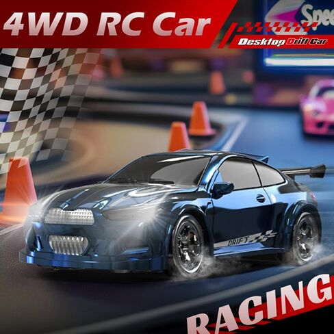 Desktop Drift Car, 1/64 Scale Mini RC Drift Car with LED Lights, Remote Control Vehicle with Electronic Locator, 4WD Mini RC Drift Cars for Race, Children's Gifts and Toys (KF20 Black) in Saudi Arabia