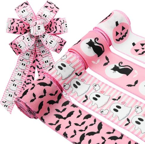 Pink Halloween Wired Ribbon for Wreath Bows, 4 Rolls, 2.5″ Wide, 20 Yards Total, Pastel Girly Halloween Ghost Wired Ribbons for Crafts Supplies, Pumpkin Cat Ribbon Bow in Kuwait