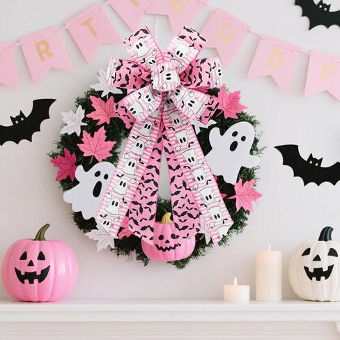 Pink Halloween Wired Ribbon for Wreath Bows, 4 Rolls, 2.5″ Wide, 20 Yards Total, Pastel Girly Halloween Ghost Wired Ribbons for Crafts Supplies, Pumpkin Cat Ribbon Bow in Kuwait