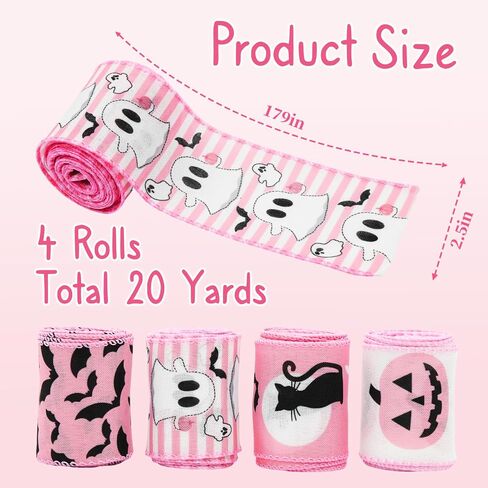 Pink Halloween Wired Ribbon for Wreath Bows, 4 Rolls, 2.5″ Wide, 20 Yards Total, Pastel Girly Halloween Ghost Wired Ribbons for Crafts Supplies, Pumpkin Cat Ribbon Bow in Kuwait