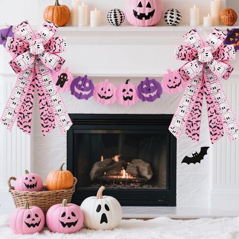 Pink Halloween Wired Ribbon for Wreath Bows, 4 Rolls, 2.5″ Wide, 20 Yards Total, Pastel Girly Halloween Ghost Wired Ribbons for Crafts Supplies, Pumpkin Cat Ribbon Bow in Kuwait
