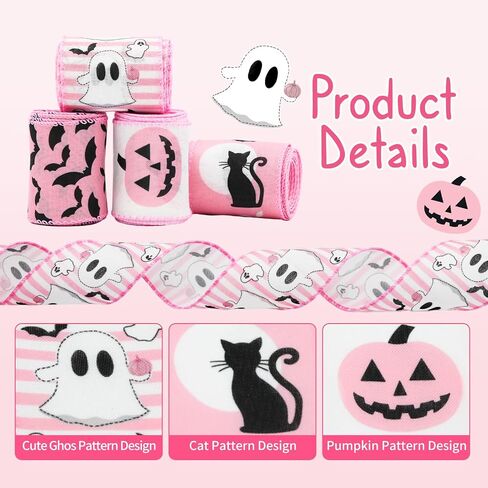 Pink Halloween Wired Ribbon for Wreath Bows, 4 Rolls, 2.5″ Wide, 20 Yards Total, Pastel Girly Halloween Ghost Wired Ribbons for Crafts Supplies, Pumpkin Cat Ribbon Bow in Kuwait