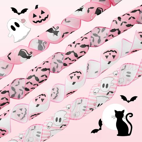 Pink Halloween Wired Ribbon for Wreath Bows, 4 Rolls, 2.5″ Wide, 20 Yards Total, Pastel Girly Halloween Ghost Wired Ribbons for Crafts Supplies, Pumpkin Cat Ribbon Bow in Kuwait
