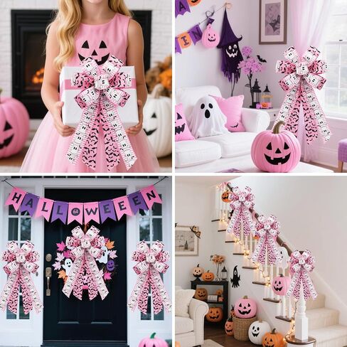 Pink Halloween Wired Ribbon for Wreath Bows, 4 Rolls, 2.5″ Wide, 20 Yards Total, Pastel Girly Halloween Ghost Wired Ribbons for Crafts Supplies, Pumpkin Cat Ribbon Bow in Kuwait