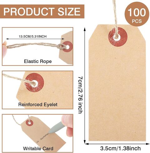 100 PCS Brown Tags with String, Marking Paper Hang Tags Attached Reinforced Hole,Writable Blank Price Gift Tag for All Occasions 2.75 x 1.37 Inch in Saudi Arabia