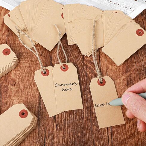 100 PCS Brown Tags with String, Marking Paper Hang Tags Attached Reinforced Hole,Writable Blank Price Gift Tag for All Occasions 2.75 x 1.37 Inch in Saudi Arabia