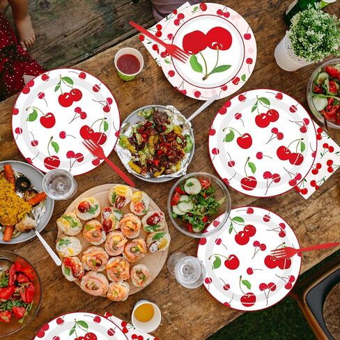لوحات حفلات عيد ميلاد الكرز - 96 جهاز كمبيوتر شخصي على أفضل زينة للأطفال فاكهة فاكهة الوردي الشوكات الشوكات التي يمكن التخلص منها مجموعات الأدوات الجدول in Kuwait