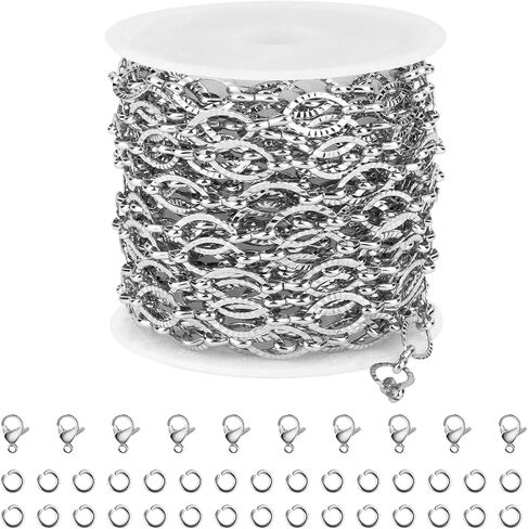 Kyutong Texture Oval Circle Chains for Jewelry Making 16.4 Feet Stainless Steel Silver Chain with Jewelry Supplies for Men Women DIY Necklace Crafts in Kuwait
