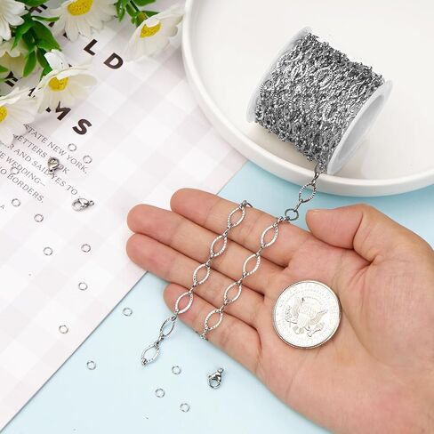 Kyutong Texture Oval Circle Chains for Jewelry Making 16.4 Feet Stainless Steel Silver Chain with Jewelry Supplies for Men Women DIY Necklace Crafts in Kuwait