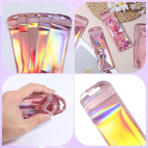 100Pcs Holographic Pen Bag, 2.4x7 inch Resealable Smell-Proof Packaging Bags Small Candy Bag Foil Zip-lock Pouch for Party Favors Lip Gloss Eyeliner Pens Jewelry Candy (Rose) in Saudi Arabia