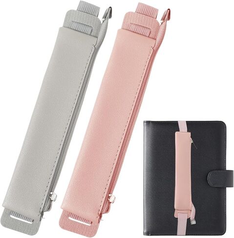 Elastic Pen Holder for Notebook, 2 Pcs Notebook Pen Holder Adjustable Pen Sleeve Pouch, PU Leather Pencil Case with Adjustable Band Pencil Holder Case for Women Bible Planners Book Binder (Pink, Grey) in Saudi Arabia